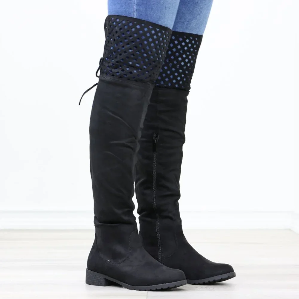 Black Thigh High Over The Knee Flat Boots Faux Suede - Picture 8 of 15